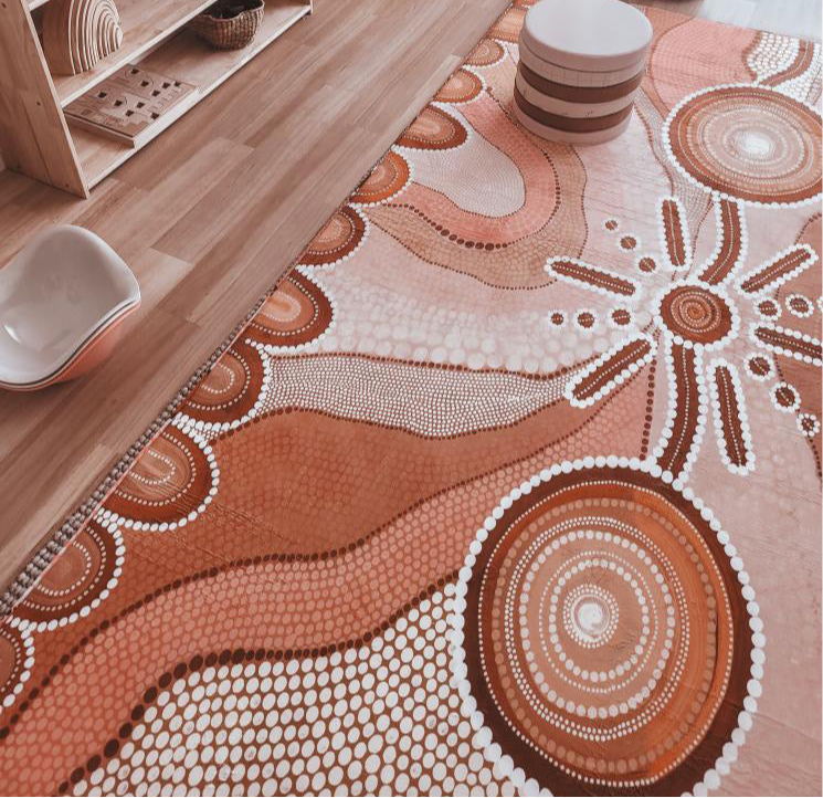 Vibrant Australian Aboriginal art rug adorned with traditional motifs, highlighting the beauty of Indigenous artistry and culture.