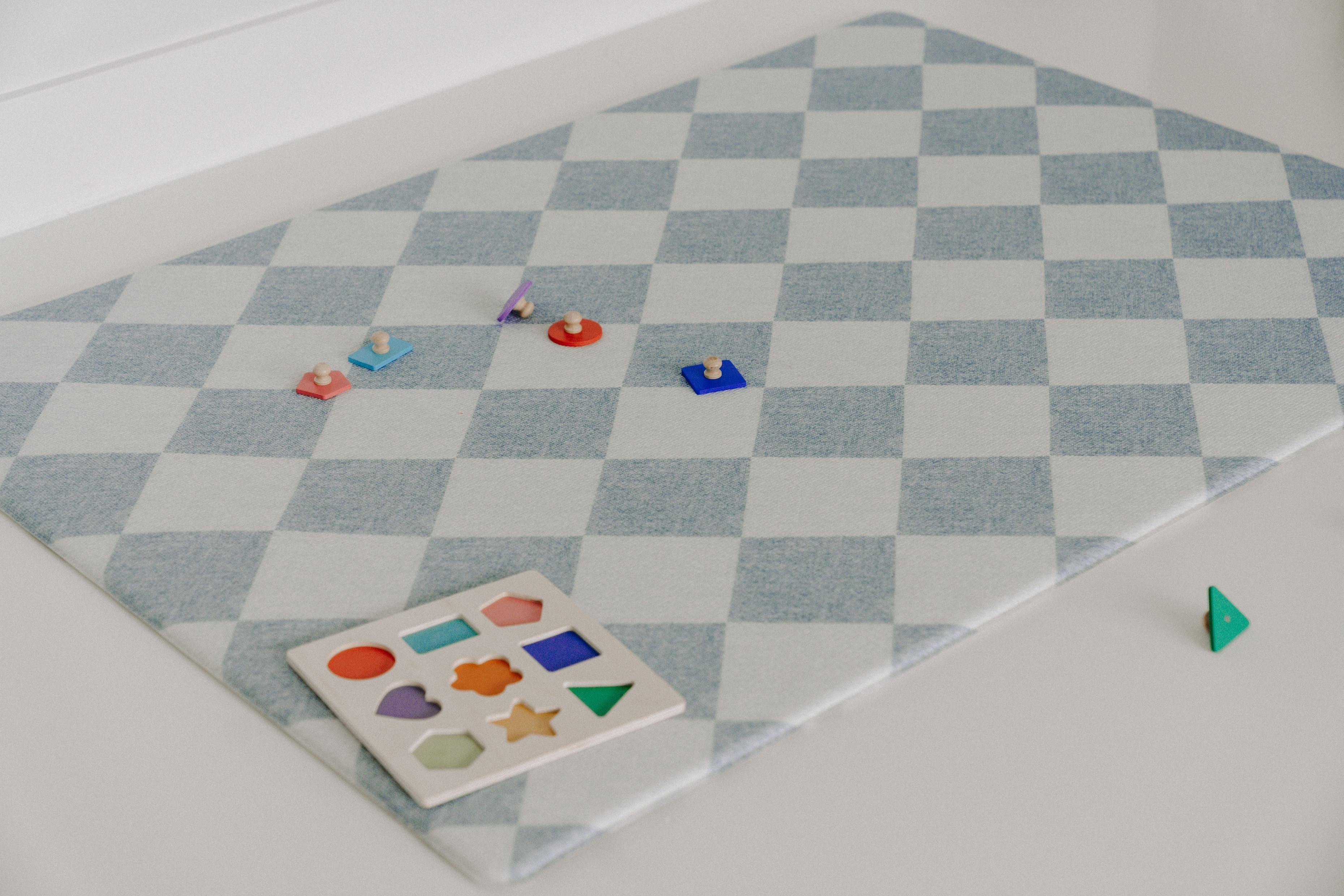 A white and blue checkered rug displayed in a cozy room, adding a pop of color to the floor.